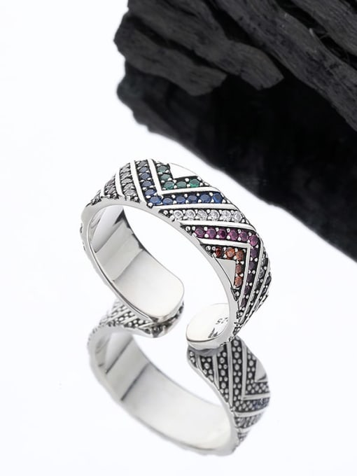 KDP-Silver 925 Sterling Silver Cubic Zirconia Geometric Vintage Band Ring 2