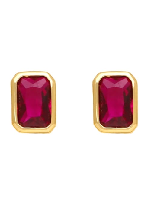 red Brass Glass Stone Rectangle Minimalist Stud Earring