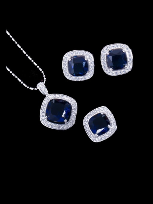 Royal Blue Ring US 7 Brass Cubic Zirconia Minimalist Square Earring Ring and Necklace Set
