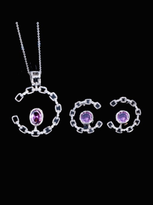purple Brass Cubic Zirconia Luxury Oval Earring and Necklace Set