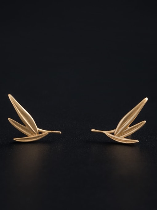 Golden Bamboo Leaf Earrings 925 Sterling Silver Leaf Vintage Stud Earring