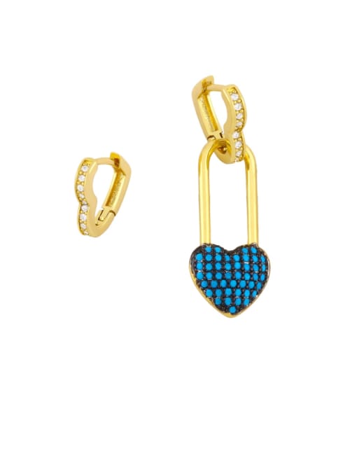 Tibetan blue Brass Cubic Zirconia Asymmetry  Heart Vintage Huggie Earring