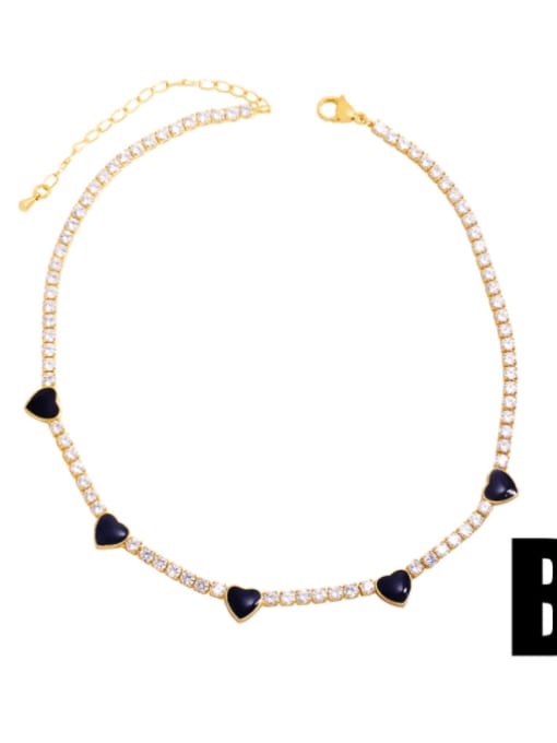 B (white zirconium black) Brass Cubic Zirconia Enamel Heart Vintage Necklace
