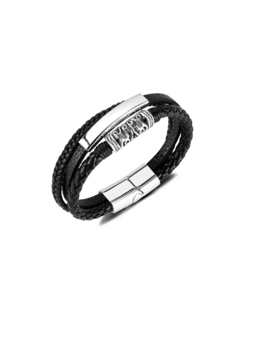 PH1582 Leather Bracelet Stainless steel Artificial Leather Weave Hip Hop Strand Bracelet