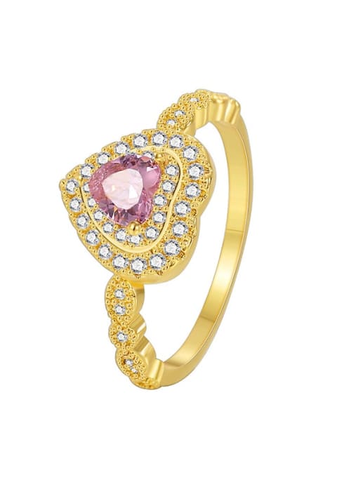 Gold Heart Shaped Pink Zircon Ring Brass Cubic Zirconia Heart Minimalist Band Ring