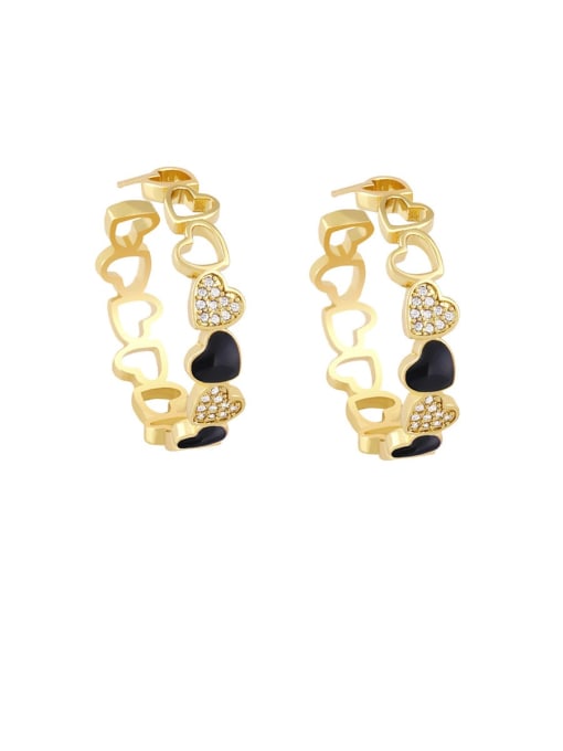black Brass Cubic Zirconia Enamel Heart Minimalist Huggie Earring