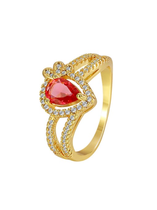 Gold Drop-shaped Red Zircon Ring Brass Cubic Zirconia Water Drop Minimalist Band Ring