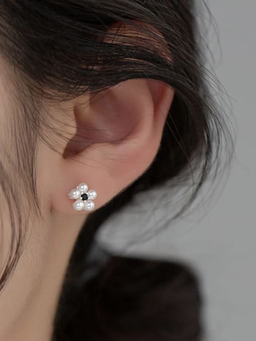 Rosh 925 Sterling Silver Imitation Pearl Flower Cute Stud Earring 1