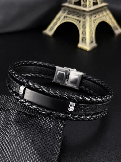 Open Sky Titanium Steel Leather Geometric Hip Hop Strand Bracelet 1