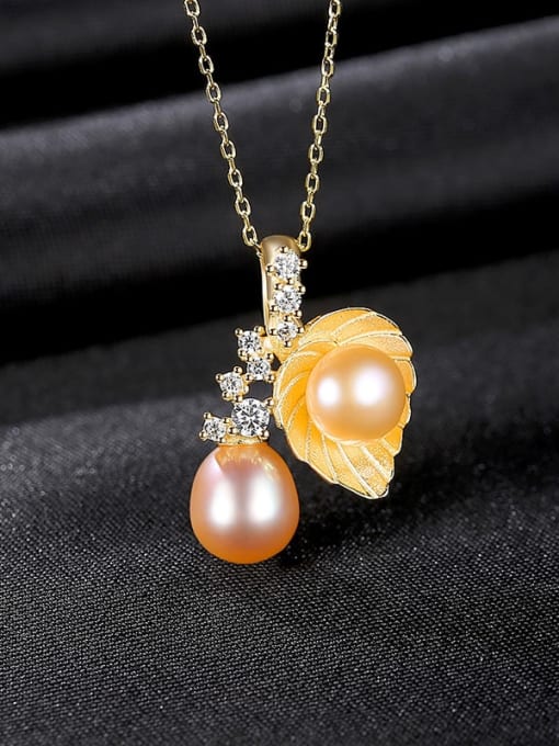 Pink 7a11 925 Sterling Silver Imitation Pearl Leaf Vintage Necklace