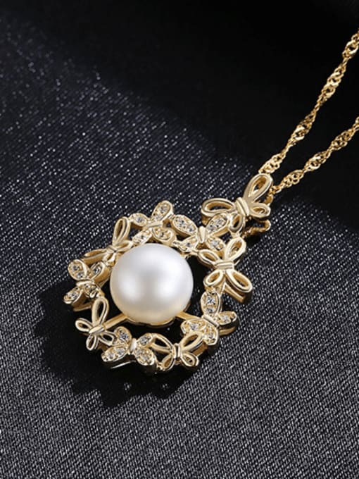 White 5E04 925 Sterling Silver Freshwater Pearl Zircon flower pendant Necklace