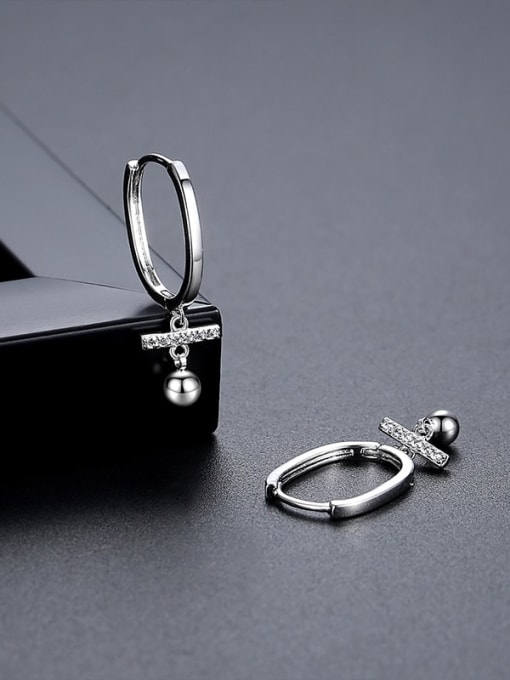 E23082408 Rh Brass Cubic Zirconia Cross Minimalist Huggie Earring
