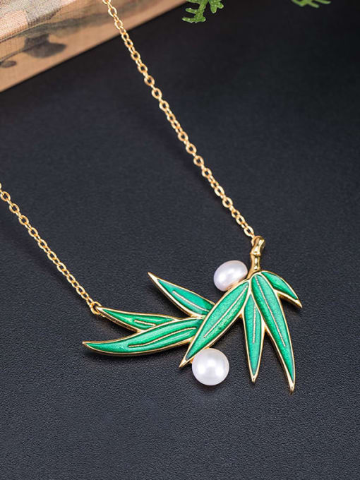 Pearl green bamboo chain 925 Sterling Silver Imitation Pearl Enamel Vintage Leaf  Earring Ring and Necklace Set