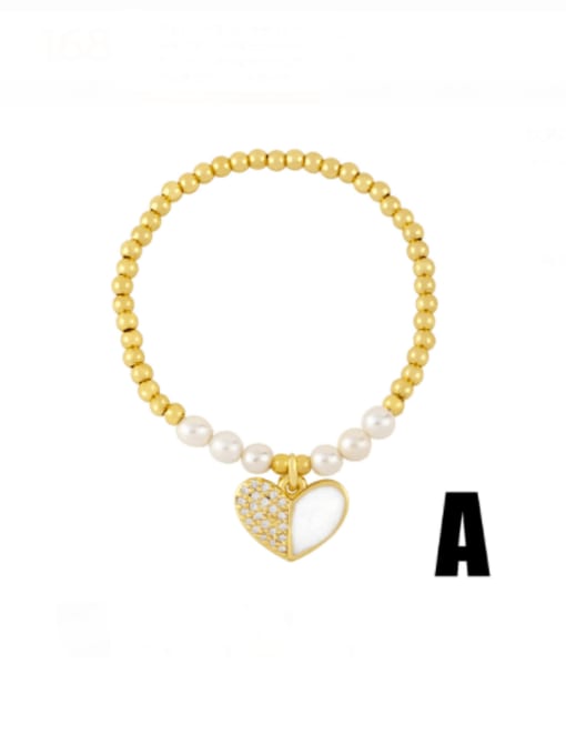 A (peach heart) Brass Imitation Pearl Letter Vintage Beaded Bracelet