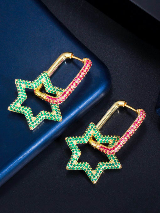 Two color red green Brass Cubic Zirconia Geometric Luxury Huggie Earring