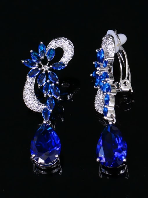 Ear clip blue Brass Cubic Zirconia Flower Luxury Drop Earring