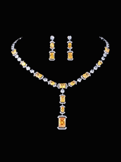 yellow Brass Cubic Zirconia  Luxury Geometric Earring and Necklace Set