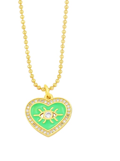 green Brass Rhinestone Enamel Evil Eye Vintage Heart  Pendant Necklace