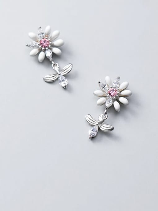 Rosh 925 Sterling Silver White Enamel Flower Vintage Drop Earring 1