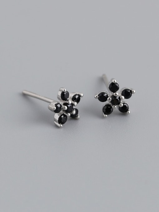 Black stone (Platinum) plastic plug 925 Sterling Silver Cubic Zirconia Flower Vintage Stud Earring