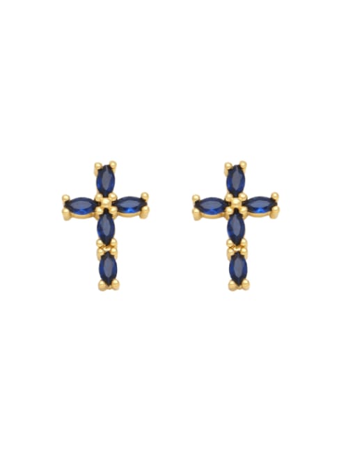 blue Brass Cubic Zirconia Cross Minimalist Stud Earring
