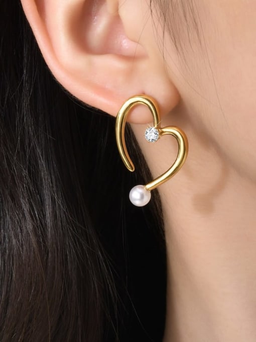 LI MUMU Stainless steel Imitation Pearl Heart Minimalist Stud Earring 1
