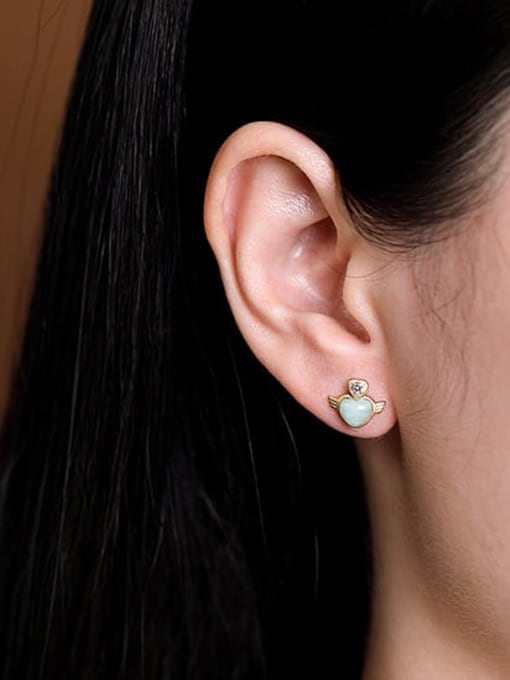 DEER 925 Sterling Silver Jade Heart Cute Stud Earring 1