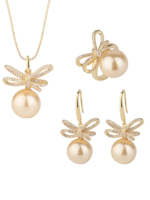 ROSS Brass Imitation Pearl Luxury Bowknot Earring Ring and Necklace Set 0