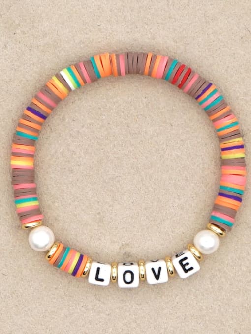 QT B200144D Stainless steel Freshwater Pearl Multi Color Polymer Clay Letter Bohemia Stretch Bracelet