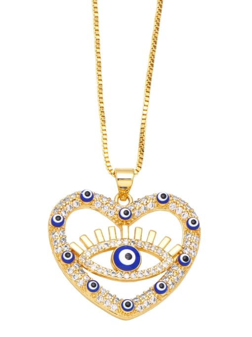 blue Brass Cubic Zirconia Evil Eye Vintage Heart Pendant Necklace