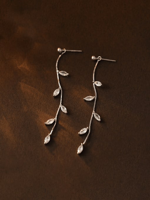 BeiFei Minimalism Silver 925 Sterling Silver Cubic Zirconia Leaf Minimalist Drop Earring 0