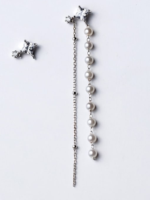 Rosh 925 Sterling Silver  Diamond square asymmetric shell beads Threader Earring 1