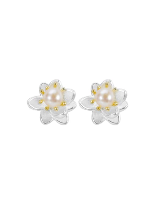 SILVER MI 925 Sterling Silver Imitation Pearl Flower Cute Stud Earring