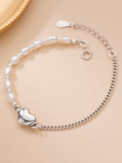 Rosh 925 Sterling Silver Freshwater Pearl Heart Minimalist Asymmetry  Link Bracelet 2