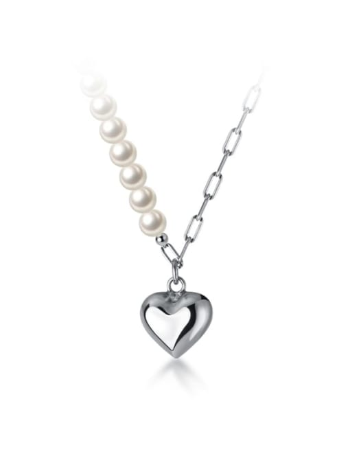 Rosh 925 Sterling Silver Imitation Pearl Heart Minimalist Necklace