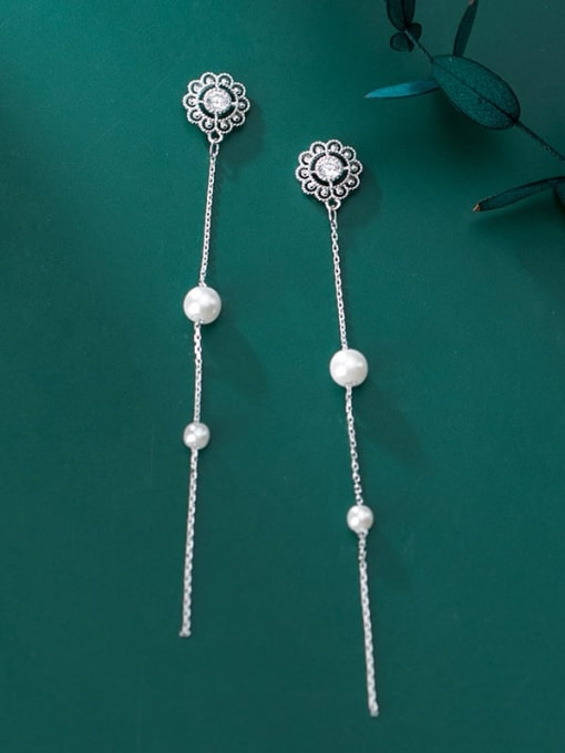 Rosh 925 Sterling Silver Imitation Pearl White Flower Vintage Threader Earring 0