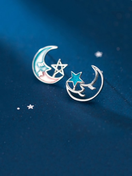 Rosh 925 Sterling Silver With  Minimalist Hollow Moon Star Stud Earrings 0