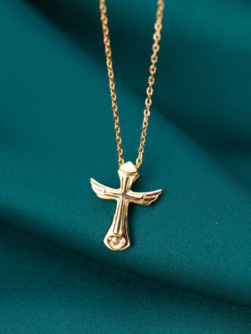 Rosh 925 Sterling Silver Wing Cross Minimalist Regligious Necklace