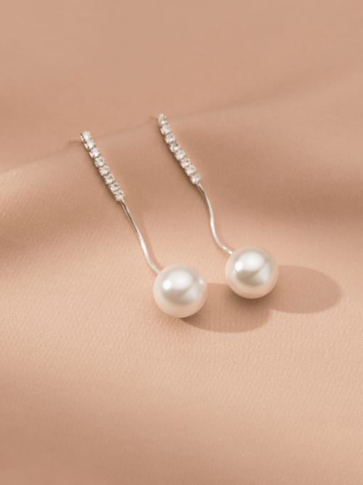 silver 925 Sterling Silver Imitation Pearl Tassel Minimalist Drop Earring