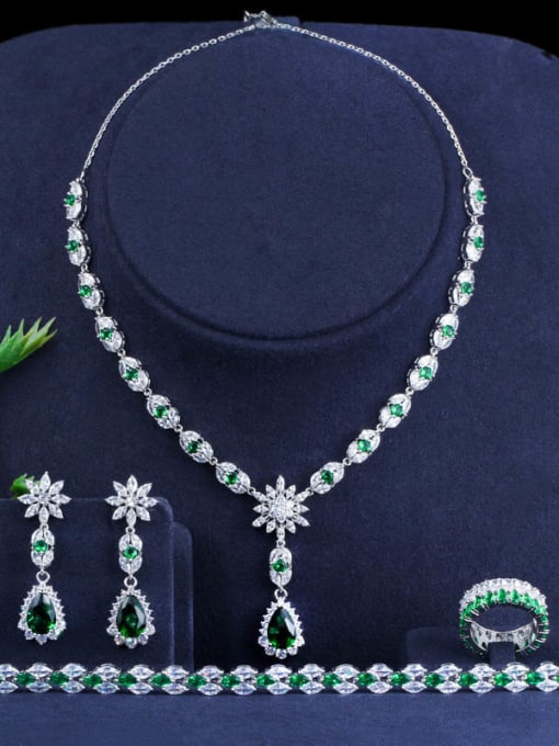 Green Size 7 four piece set Copper Cubic Zirconia Luxury Water Drop Earring and Necklace Set