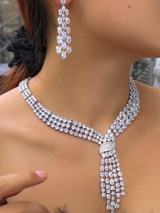 L.WIN Brass Cubic Zirconia Luxury Tassel Earring and Necklace Set 1