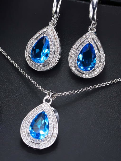 Sea Blue Ring US  7 Brass Cubic Zirconia Luxury Water Drop  Earring and Necklace Set