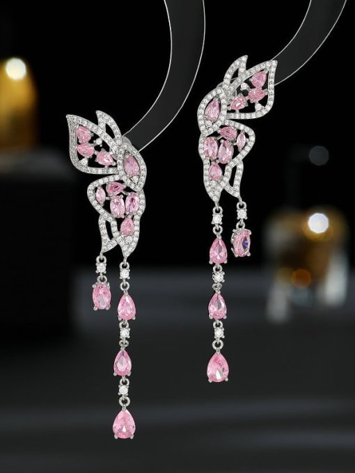 platinum powder Brass Cubic Zirconia Butterfly Tassel Luxury Cluster Earring