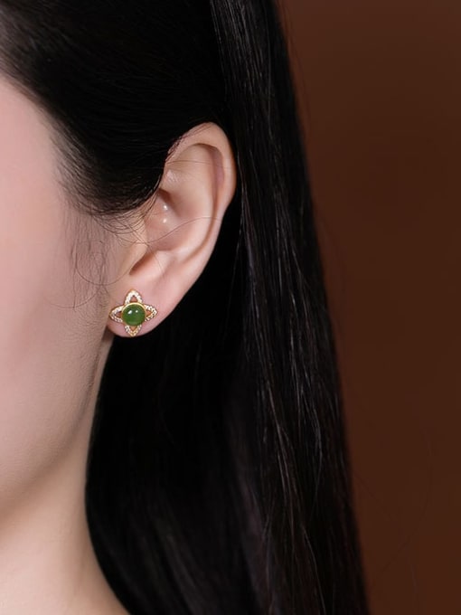 DEER 925 Sterling Silver Jade Flower Cute Stud Earring 1