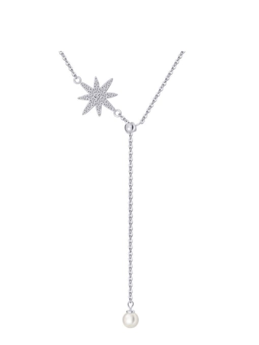 Platinum, platinum 1.71g 925 Sterling Silver Cubic Zirconia Flower Dainty Lariat Necklace