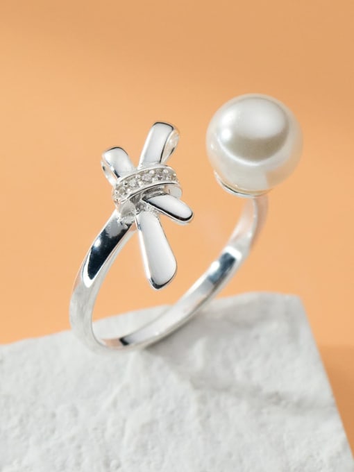 Rosh 925 Sterling Silver Imitation Pearl Flower Minimalist Band Ring 2