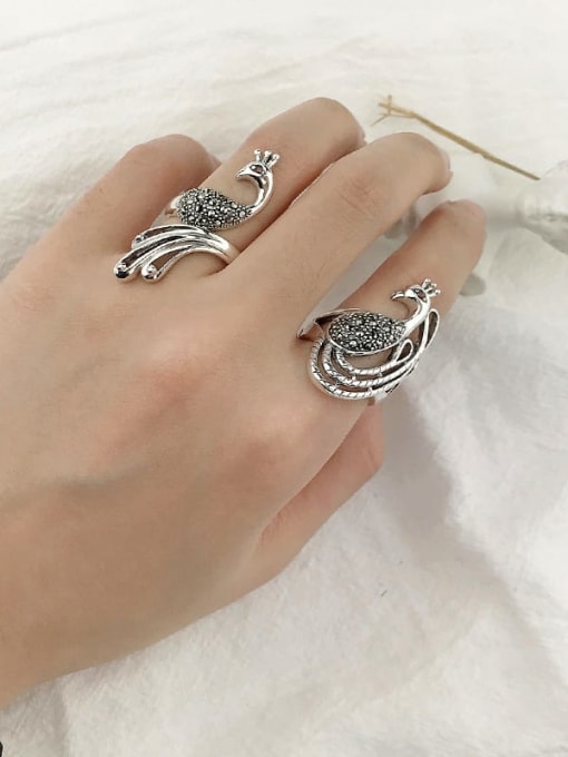 SHUI Vintage Sterling Silver With Antique Silver Plated Vintage Phoenix Peacock Free Size Rings 1