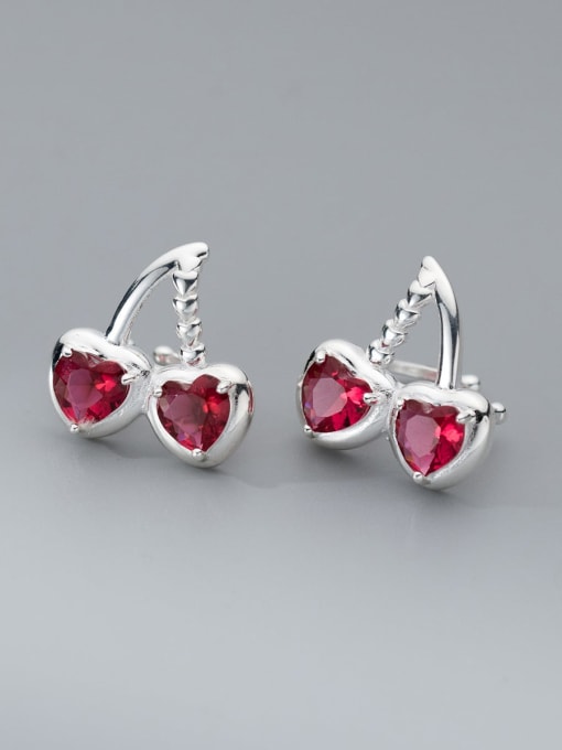 Silver+Red 925 Sterling Silver Cubic Zirconia Heart Minimalist Clip Earring