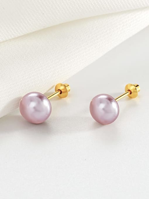 ES1710 【 Purple Gold Large 】 925 Sterling Silver Imitation Pearl Round Minimalist Stud Earring