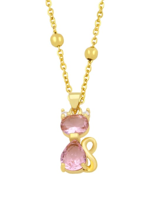 Pink Brass Cubic Zirconia  Vintage Cat Pendant Necklace